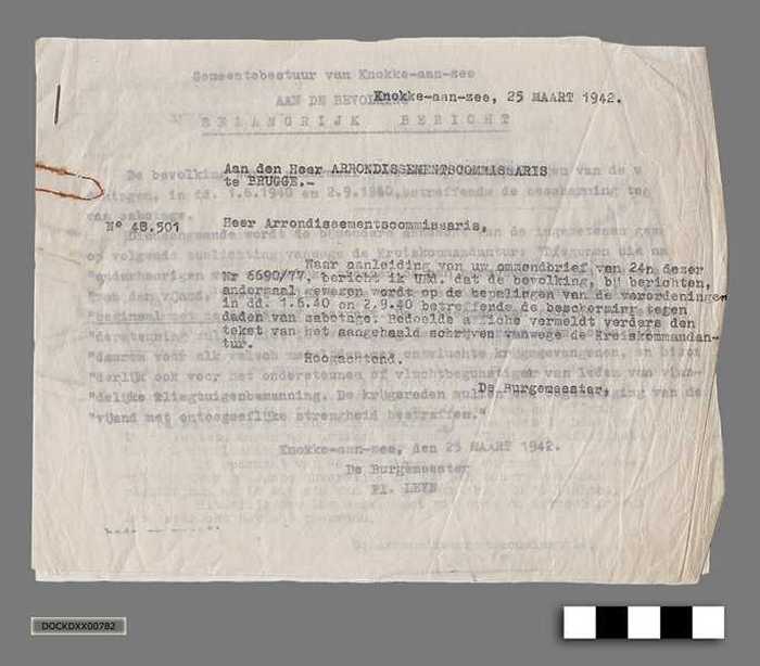 Oorlogscorrespondentie anno 1942 - Herhaalde verwittiging dat elke hulp aan de vijand streng zal worden bestraft - DOCKDXX00782 Oorlogscorrespondentie anno 1942 - Herhaalde verwittiging dat elke hulp aan de vijand streng zal worden bestraft