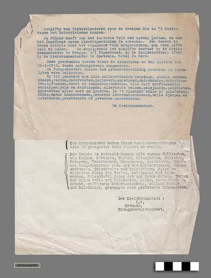 Oorlogscorrespondentie anno 1942 - Schenken van winterkleren aan de troepen in het Oosten - DOCKDXX00785 Oorlogscorrespondentie anno 1942 - Schenken van winterkleren aan de troepen in het Oosten